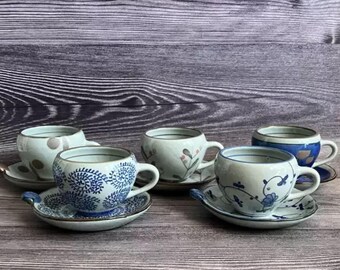 Japanese Unique Ceramic Coffee Cup Sets with Hand Paintings, Ceramic Coffee Cup with Saucer, Pottery Tea Cup