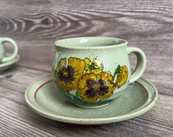 1 Set of Japan Vintage Ceramic Coffee Mug with Hand-painted Flower, Ceramic Cup with Saucer, Pottery Tea Cup Set, Vintage Stoneware