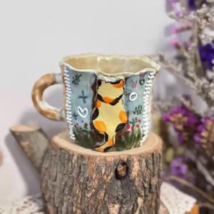 Unique Handmade Tea Cup with Hand-painted Cat, Ceramic Coffee Cup, Pottery Tea Cup, Matcha Cup, Fairycore Pottery