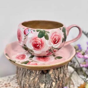 Unique Handmade Ceramic Tea Cup Set with Hand-painted Vintage Roses, Ceramic Coffee Cup with Saucer, Pottery Matcha Cup