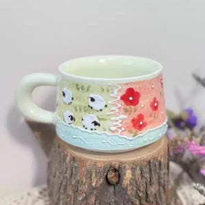 Unique Handmade Ceramic Mug with Hand-painted Sheep Pattern, Ceramic Coffee Cup, Pottery Matcha Cup, Tea Cup, Fairycore Pottery, Cottagecore