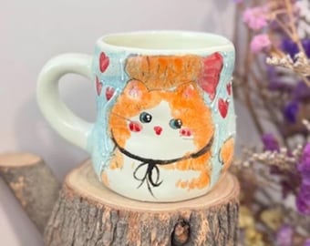 Unique Handmade Ceramic Mug with Hand-painted Kitty, Ceramic Coffee Cup, Pottery Matcha Cup, Tea Cup, Fairycore Pottery, Holiday Ceramic Mug