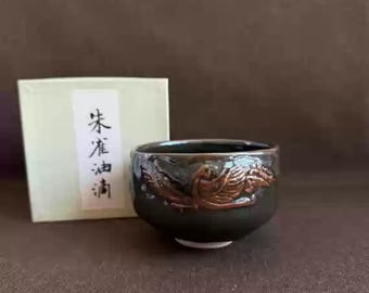 Japanese Vintage Tenmoku Ceramic Matcha Bowl with Suzaku Oil-spot Glaze, Unique Ceramic Chawan Collectible, Ceramic Tea Bowl, Stoneware
