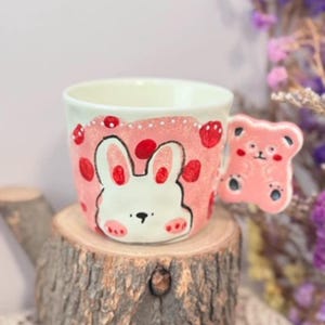 Unique Handmade Ceramic Coffee Mug with Hand-painted Rabbit and Bear Shape Handle, Ceramic Matcha Cup, Tea Cup, Fairycore Pottery