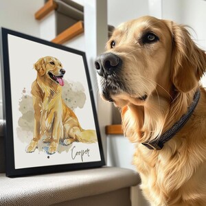 Ritratto di cane personalizzato da foto, ritratto di animale domestico ad acquerello, ritratto di animale domestico incorniciato, foto su tela stampabile, ritratto digitale di Golden Retriver