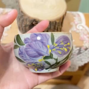 Unique Handmade Ceramic Tea Cup with Hand-painted Purple Iris, Ceramic Coffee Cup, Pottery Cup, Sake Cup, Ceramic Tableware