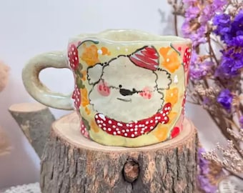 Unique Handmade Ceramic Coffee Mug with Strawberry Dog, Christmas Ceramic Tea Cup, Pottery Matcha Cup, Festival Stoneware