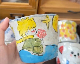 Unique Handmade Ceramic Coffee Mug with Hand-painted Prince & Stars, Ceramic Coffee Cup with Petal Rim, Pottery Tea Cup, Stoneware Art