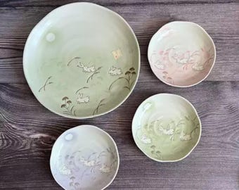 Vintage Ceramic Collectible Plates Set with Floral Pattern, Ceramic Plate Set, Pottery Tableware, Vintage Stoneware, Birthday Cake Plates