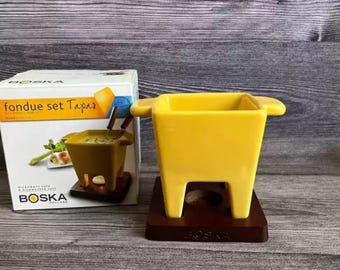Vintage Holland Ceramic Cheese Fondue Set with Wood Pad, Cheese/ Chocolate Melting Pot, Party Tableware, Ceramic Tableware, Home Decor