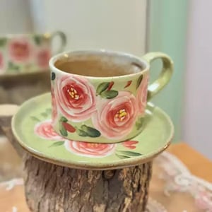 Unique Handmade Ceramic Tea Cup Set with Hand-painted Roses, Ceramic Coffee Cup with Saucer, Pottery Matcha Cup