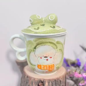 Unique Handmade Ceramic Mug with Hand-painted Dog, Ceramic Coffee Mug with Lid, Matcha Cup, Tea Cup, Fairycore Pottery, Cottagecore Decor