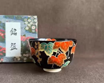Japanese Vintage Ceramic Matcha Bowl with Hand-painted Gold Decor Sleeves Unique Ceramic Chawan Collectible, Ceramic Tea Bowl Kiyomizu Ware