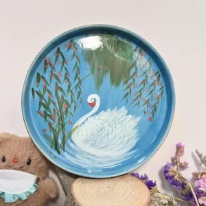 Unique Handmade Ceramic Fruit Plate with Hand-painted Swan, Ceramic Plate, Pottery Plate, Ceramic Tableware, Home Decor