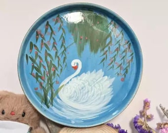 Unique Handmade Ceramic Fruit Plate with Hand-painted Swan, Ceramic Plate, Pottery Plate, Ceramic Tableware, Home Decor