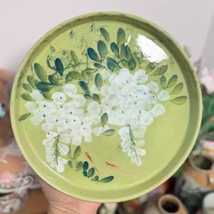 Unique Handmade Ceramic Fruit Plate with Hand-painted Lily of the Valley, Ceramic Plate Green, Pottery Plate, Ceramic Tableware, Home Decor