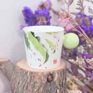 Unique Handmade Ceramic Mug with Hand-painted Cherry & Leaves, Ceramic Coffee Cup, Pottery Matcha Cup, Tea Cup, Ceramic Coffee Mug