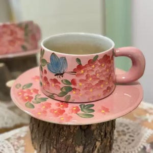 Unique Handmade Ceramic Tea Cup Set with Hand-painted Hydrangea and Butterfly, Ceramic Coffee Cup with Saucer, Pottery Coffee Mug