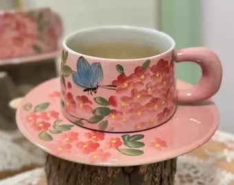 手描き陶器コーヒーカップ＆ソーサーセット：花柄特大マグカップ 