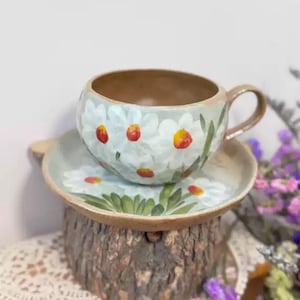 Unique Handmade Ceramic Tea Cup Set with Hand-painted Daisy, Ceramic Coffee Cup with Saucer, Pottery Matcha Cup, Fairycore Pottery