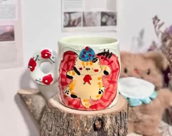 Unique Handmade Ceramic Coffee Mug with Hand-painted Birthday Cat Ceramic Coffee Cup with Donut Handle Pottery Matcha Cup Tea Cup