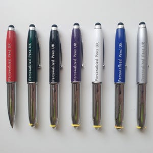 Personalisierte Laser gravierte 3 in 1 Glänzende Farben LED Leuchtkugelschreiber mit Stylus | Werbeartikel mit Ihrem Text/Logo bedruckt