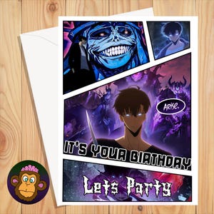 Cartão de aniversário para nivelamento solo para download, Sung Jin Woo, cartão de felicitações A5 para ele, cartão de aniversário digital