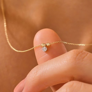 14k gold necklace with tiny diamond, 14k dainty minimal necklace, 14k gold minimal necklace, 14k tiny balls necklace, 14k necklace for gift