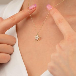 14k gold floral necklace, 14k gold necklace with white flower, gold necklace gift for women, mother day necklace, solid gold necklace