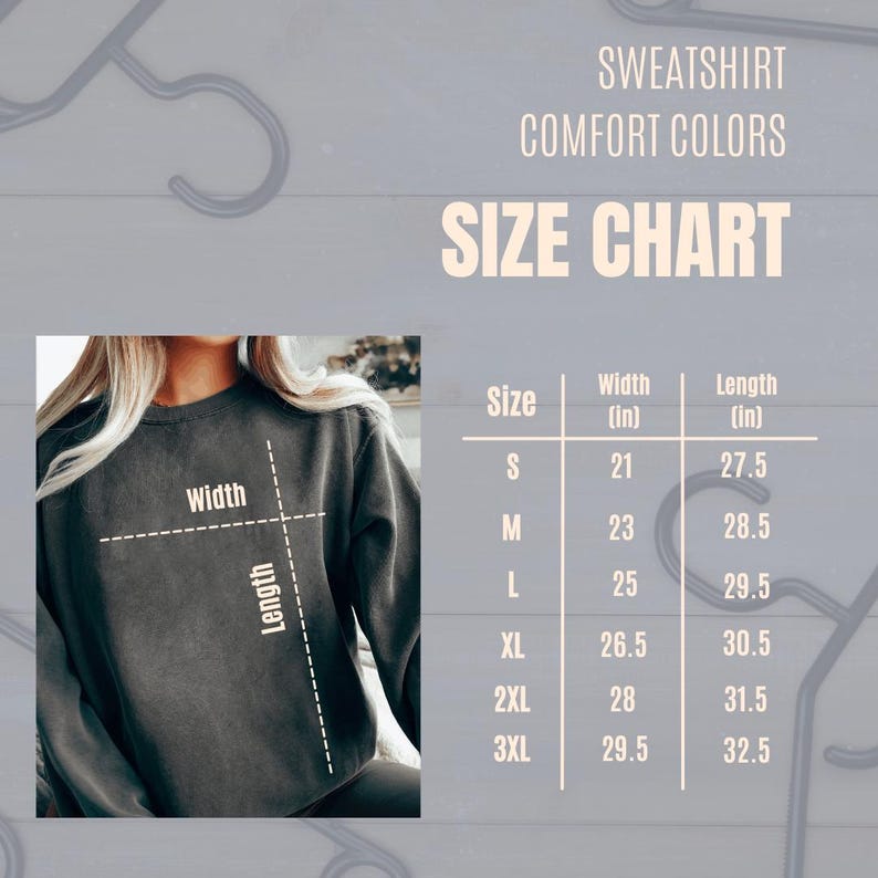 K&ouml;nnte beinhalten: Ein dunkelgraues Sweatshirt mit dem Text "SWEATSHIRT COMFORT COLORS" &uuml;ber einer Gr&ouml;&szlig;entabelle. Die Tabelle listet die Gr&ouml;&szlig;en S bis 3XL mit Breiten- und L&auml;ngenma&szlig;en in Zoll. Eine Person tr&auml;gt das Sweatshirt.