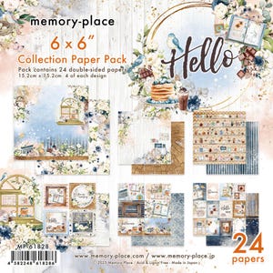 Op de afbeelding: Een collectie papieren pak met 24 dubbelzijdige vellen, elk 15,2 cm x 15,2 cm. Het pak bevat verschillende ontwerpen met bloemen- en caféthema's, inclusief het woord "Hello". De papieren zijn zuur- en ligninevrij.
