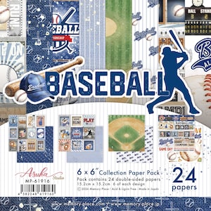 Peut inclure: Un pack de papier de collection de 15,2 cm x 15,2 cm contenant 24 feuilles recto-verso avec des motifs sur le thème du baseball. Le pack inclut des illustrations de balles, battes, gants, tableaux de score et une silhouette de joueur.