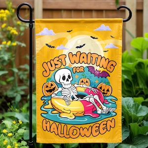 Skeleton Halloween Garden Flag, Funny Summerween Yard Sign, Spooky Cute Porch Decor, Halloween Pool Party Flag, Outdoor House Banner
