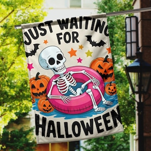 Bandera de jardín con esqueleto para fiesta en la piscina, decoración de jardín veraniega, pancarta divertida de esqueleto para porche, letrero espeluznante para césped al aire libre, bandera para fiesta de Halloween