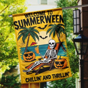 Bandera de jardín personalizada de Summerween, pancarta de esqueleto personalizada, letrero de calabaza para jardín, decoración de verano espeluznante para exteriores, pancarta de Halloween para porche