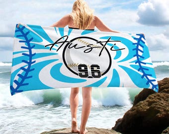 Personalized Softball Beach Towels,Custom Softball  Beach Towels with Name & Number,Softball Pool Towel,Softball Player Gift,Softball Gift