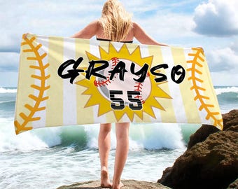 Personalized Softball Beach Towel,Personalized Player Number & Name,Softball Pool Towel,Softball Gifts For Girls,Youth Baseball Gift