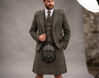 Heren tweed 3-delige kilt outfit | Schots Highland trouwpak | Kiltjas en vest voor bruidsjonkers | Cadeau met tartanprint voor hem