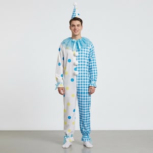 May include: A clown costume featuring a jumpsuit with one side in white with blue and yellow polka dots and the other side in a blue and white gingham pattern. The outfit includes a blue tulle neck ruff, three white pom-poms, and a matching cone hat.