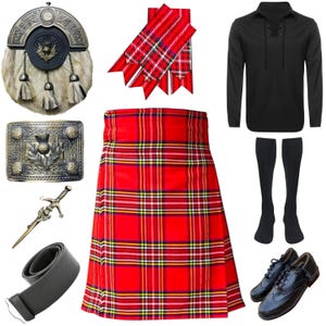 May include: A collection of Scottish Highland attire, including a red tartan kilt, black long-sleeve shirt, black shoes, and a sporran. Also included are a belt, hose, plaid, a buckle, and a sgian-dubh.