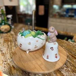 Vintage Handmade Easter Bunny Bell and Egg Bowl Set-Signed 1981, 1990-Ceramic Bunny Bell with Ringer-Spring Decor Cottagecore Collectible