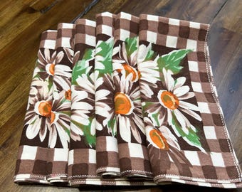 Vintage Handmade Brown Check Napkins | Set of 6 | Mid Century Cotton Napkins | Retro Farmhouse