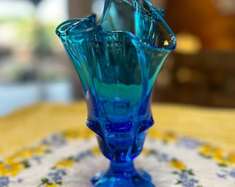 Vintage Blue Swung Glass Vase, Ruffled Rim Art Glass, Mid Century Modern Pedestal Vase, Murano Style Cobalt Aqua Decor