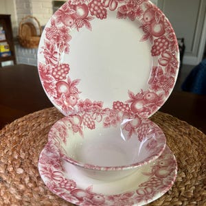Vintage Libbey Red Transferware Dinnerware Set-Fruit Pattern Plate, Bowl & Saucer-Made in Malaysia-Farmhouse Cottage Core Decor