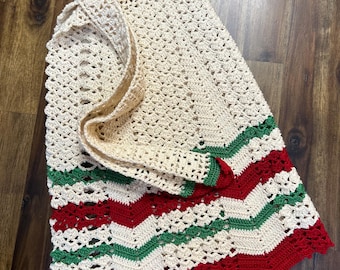 Vintage Hand Crocheted Cotton Kitchen Apron Christmas Colors