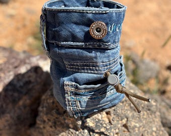 Handmade + Upcycled Amethyst Jeans Chalk Bag for Rock Climbing & Bouldering