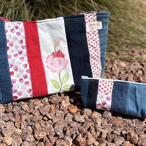 Handmade & Upcycled Denim Tote Bag + Pouch - Embroidered Rose on Linen
