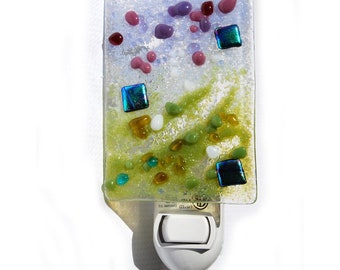 Glass Night Light, hand made, Lavender olive green cranberry Fused glass Art