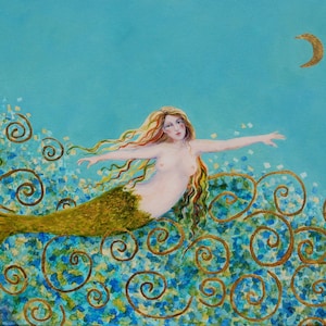 Mermaid Painting, Original oil painting, Nude mermaid, Nautical Art, Oil on Canvas, 16 x 20 inches, With 23 kt gold accents image 1