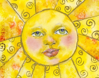 Sun Painting, Watercolor, Sun face,  ACEO sized,  Giclee Print, Tiny Miniature, celestial decor, childs art, baby decor, child room